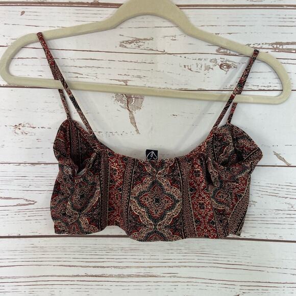 Windsor L Maroon Boho Paisley Floral Tie Knot Front Spaghetti Strap Crop Top - Picture 4 of 6